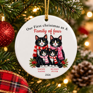 Adorno De Cerámica Familia de cuatro, gato esmoquin Navidad personali