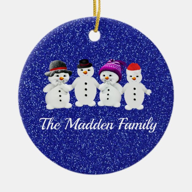 Adorno De Cerámica Familia de cuatro hombres de nieve azul esparcen e (Frente)