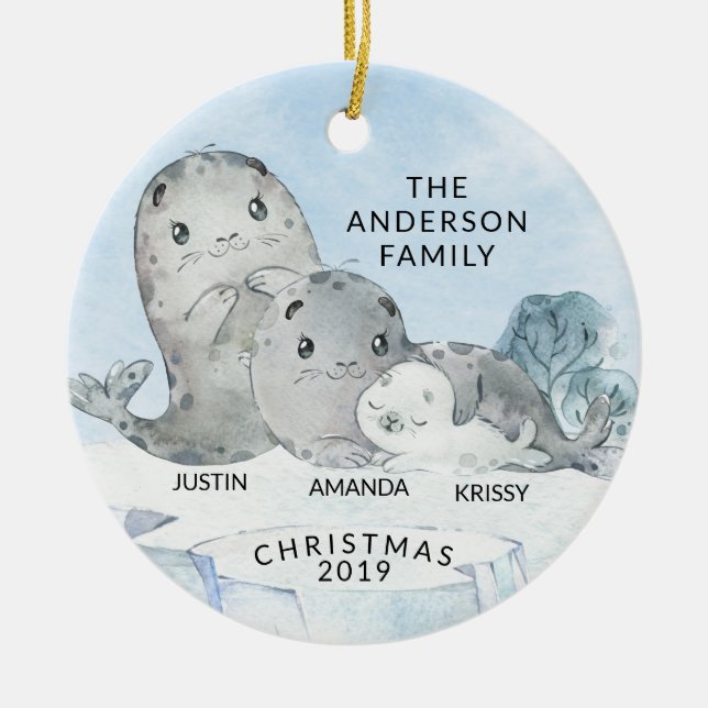 Adorno De Cerámica Familia de focas de 3 Navidades (Frente)