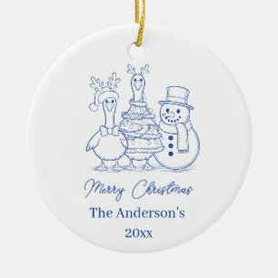 Adorno De Cerámica Familia de gansos de Navidad Doodle azul moderno