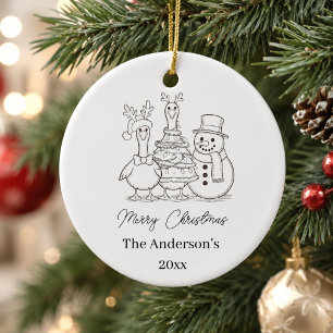 Adorno De Cerámica Familia de gansos de Navidad Doodle negro blanco m