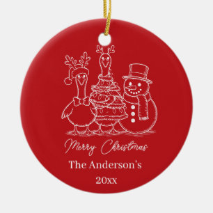 Adorno De Cerámica Familia de gansos de Navidad Doodle rojo moderno