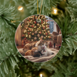 Adorno De Cerámica Familia de Gatos Acogedores en el Árbol de Navidad