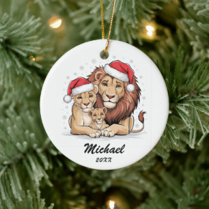 Adorno De Cerámica Familia de león personalizada de Navidad con sombr