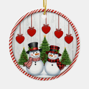 Adorno De Cerámica Familia de muñeco de nieve y corazones