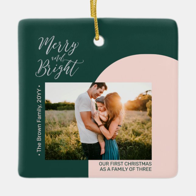 Adorno De Cerámica Familia de Navidades fotográficos modernos verdes  (Anverso)