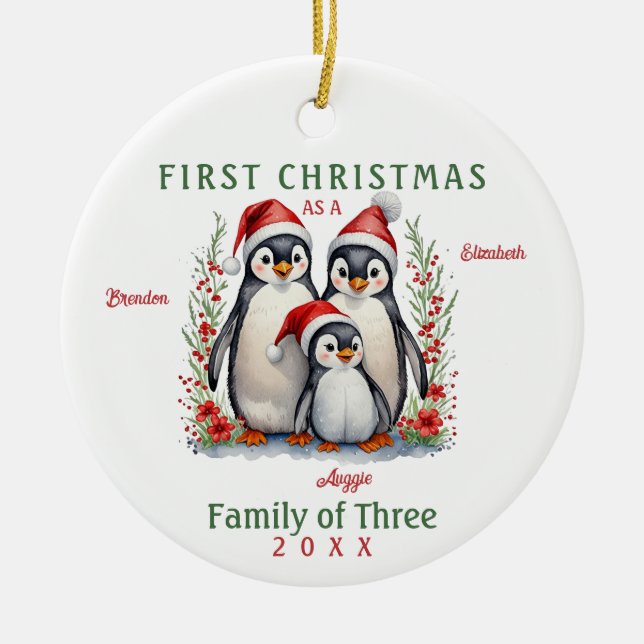 Adorno De Cerámica Familia de Pingüinos de la Primera Navidad (Frente)