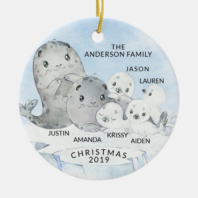 Adorno De Cerámica Familia de sellos de 6 Navidades (Frente)