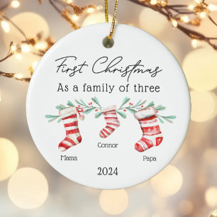 Adorno De Cerámica Familia de tres Navidades accionan foto bebé