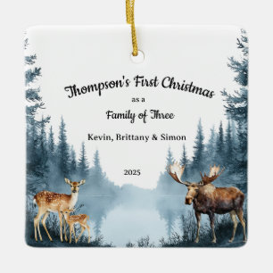 Adorno De Cerámica Familia de tres, primer Navidad, bosque, ciervos,