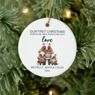 Adorno De Cerámica Familia de tres tejones en Navidad