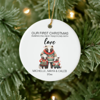 Adorno De Cerámica Familia de tres tejones en Navidad