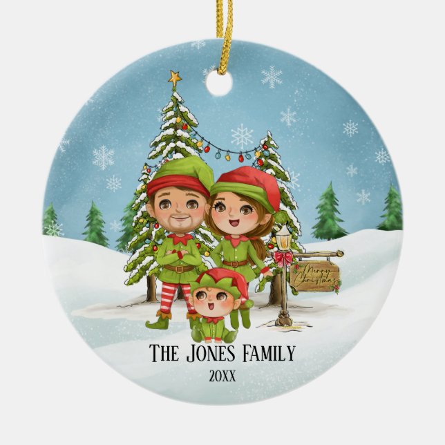 Adorno De Cerámica Familia Elf de 3 Navidades (Frente)