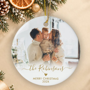 Adorno De Cerámica Familia Moderna Foto de Navidad con Letra Dorada F