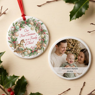 Adorno De Cerámica Familia Nostálgica de Tres, Foto del Primer Navida