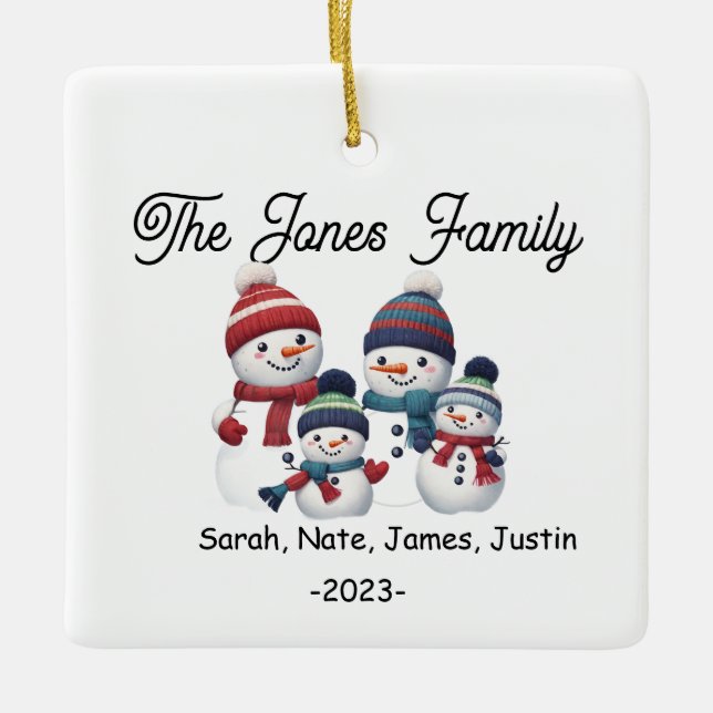 Adorno De Cerámica Familia personalizable Snowman de 4 vacaciones (Anverso)