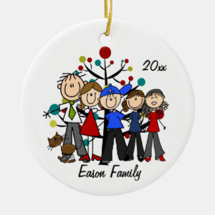 Adorno De Cerámica Familia personalizada de cinco con el gato Ornamen