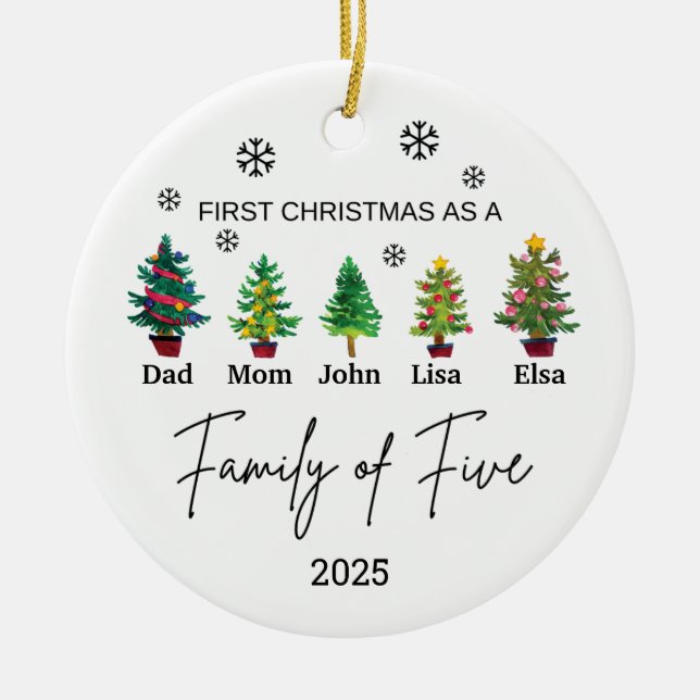 Adorno De Cerámica Familia personalizada de cinco ornamentos, regalo  (Frente)