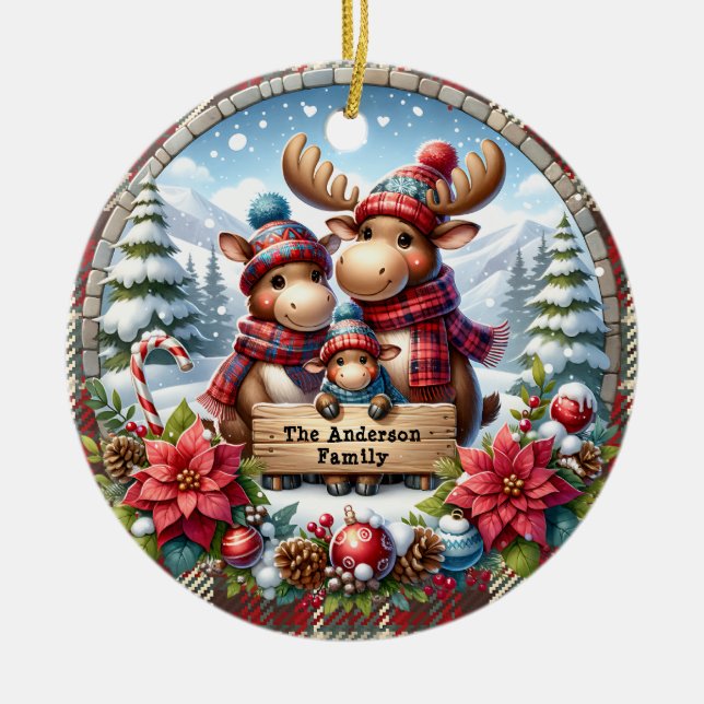 Adorno De Cerámica Familia personalizada de tres Navidades de renos (Frente)