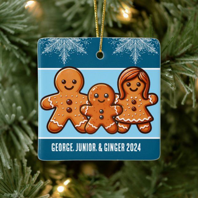 Adorno De Cerámica Familia personalizada de tres Navidades Gingerbrea (Árbol)