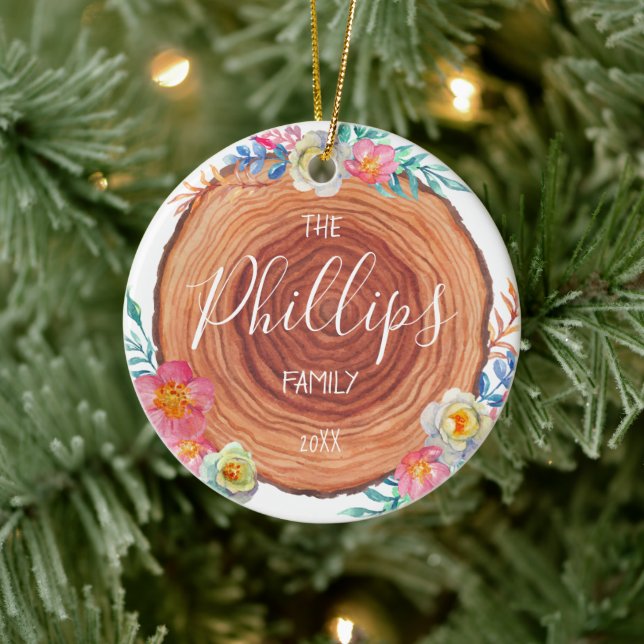 Adorno De Cerámica Familia personalizada Rustic Farmhouse Wood Slice (Árbol)