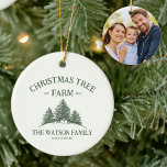 Adorno De Cerámica Familia personalizado Nombre foto de granja de árb<br><div class="desc">¡Decoren su árbol con un toque personal esta temporada! Nuestro adorno de vacaciones personalizado incluye el nombre de su familia,  foto,  y un retro diseño de granja de árboles de Navidad en verde sabio. ¡Un recuerdo memorable de las vacaciones!</div>