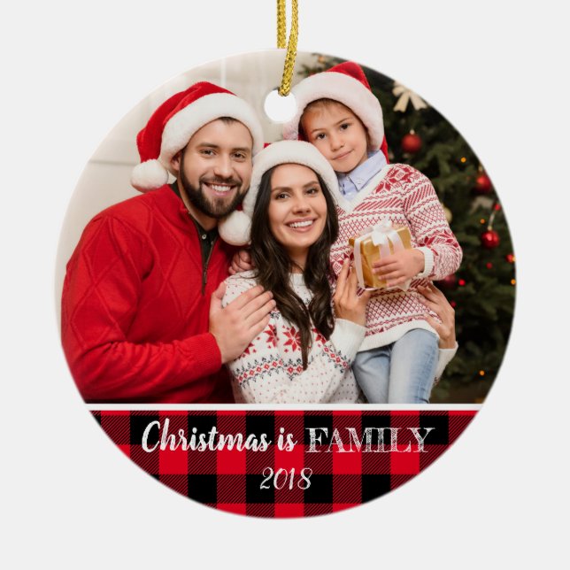 Adorno De Cerámica Familia Rustic Red Buffalo Plaid Photo Navidades (Frente)