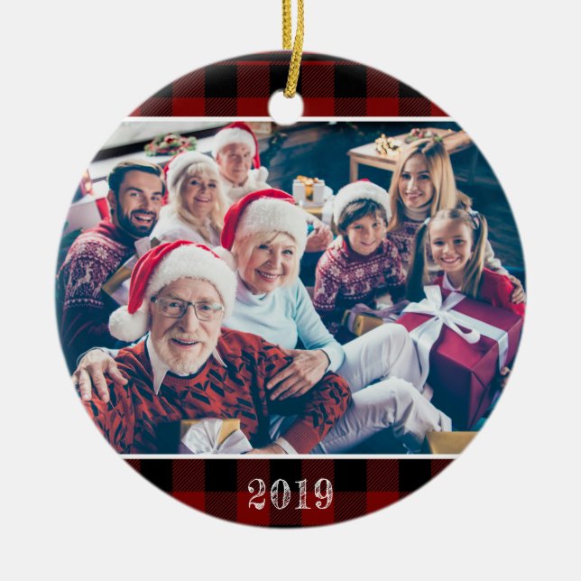 Adorno De Cerámica Familia Rustic Red Buffalo Plaid Photo Navidades (Frente)