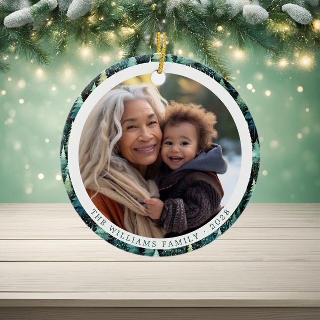 Adorno De Cerámica Familia Rustic Woodland Navidades 2 fotos (Rustic Woodland Family Christmas 2 Photos Ceramic Ornament)