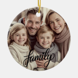 Adorno De Cerámica Family Love Black Script Custom Photo Ornament