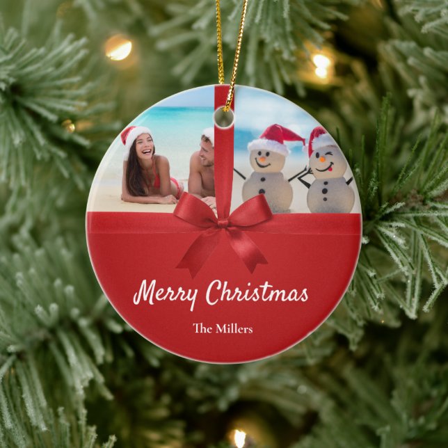 Adorno De Cerámica Family Name Beach Photo Christmas Ornament (Árbol)