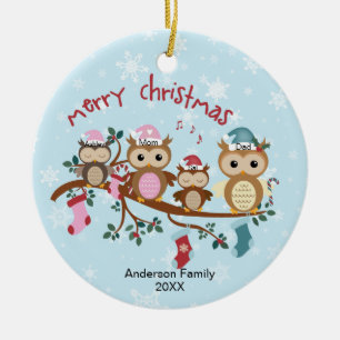 Adorno De Cerámica Family of 4 Owl Family Christmas