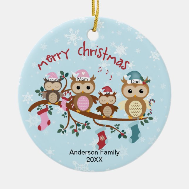 Adorno De Cerámica Family of 4 Owl Family Christmas (Frente)