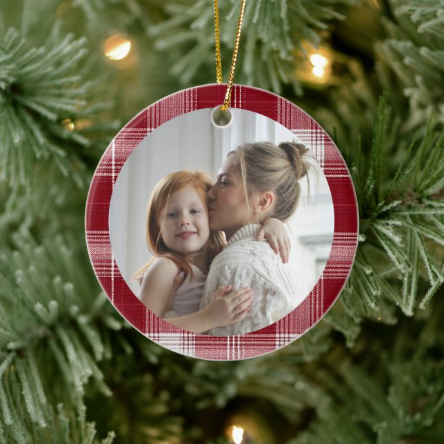 Adorno De Cerámica Family Photo Red Plaid Christmas Ornament (Árbol)