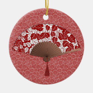 Adorno De Cerámica Fan japonesa en la impresión de la hoja, rojo
