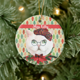 Adorno De Cerámica Fancy White Cat and Poinsettia Personalizado