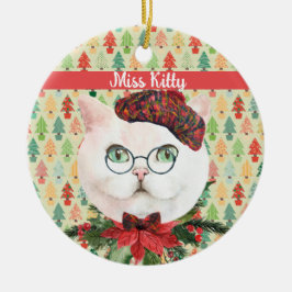 Adorno De Cerámica Fancy White Cat and Poinsettia Personalizado