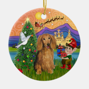 Adorno De Cerámica Fantasía de Navidad - Dachshund Sable de Pelo Larg