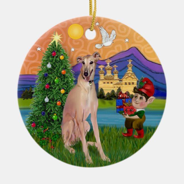 Adorno De Cerámica Fantasía de Navidad - Fawn Greyhound (sesión) (Frente)
