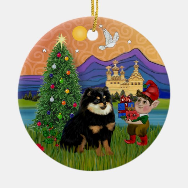 Adorno De Cerámica Fantasía de Navidad - Pomerania (negro y marrón) (Frente)