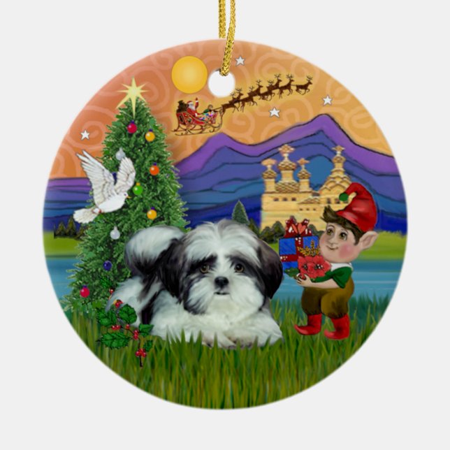 Adorno De Cerámica Fantasía de Navidad - Shih Tzu (blanco-negro) (Frente)
