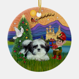 Adorno De Cerámica Fantasía de Navidad - Shih Tzu (negro y blanco)