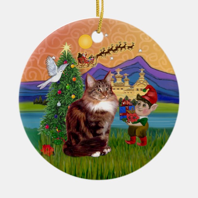 Adorno De Cerámica Fantasía de navidades - gato Maine Coon (Frente)