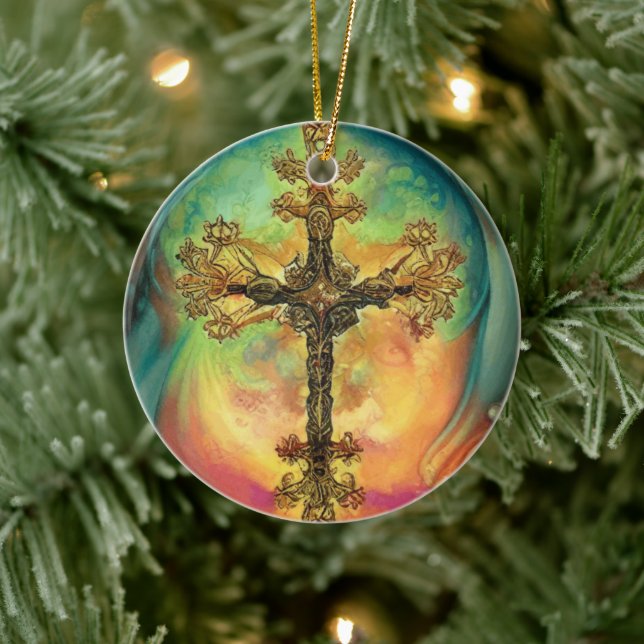 Adorno De Cerámica Fantasía Steampunk Ornate Cross En Aqua (Árbol)