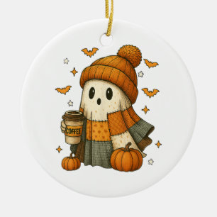 Adorno De Cerámica Fantasma Adorable Bebiendo Café Halloween 