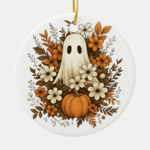Adorno De Cerámica Fantasma Adorable Con Calabaza Y Flores De Otoño –