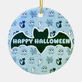 Adorno De Cerámica Fantasma, telarañas y gatos negros azul