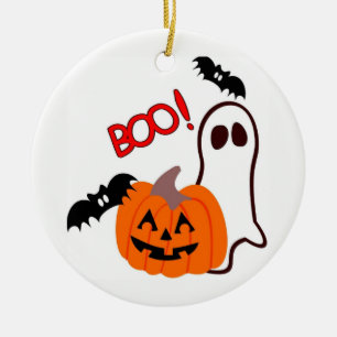 Adorno De Cerámica Fantasma y calabaza de Halloween ilustrados