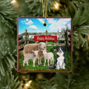 Adorno De Cerámica Farm Ranch Sheep and Dog Happy Holidays