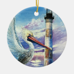 Adorno De Cerámica Faro Aceite Náutico Pintar Bird Beach Blue